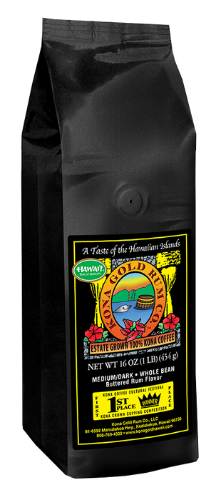 100% Kona Coffee, Medium/Dark Buttered Rum