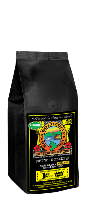 100% Kona Coffee, Medium/Dark Buttered Rum